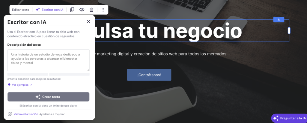 Creador de texto con IA de Hostinger