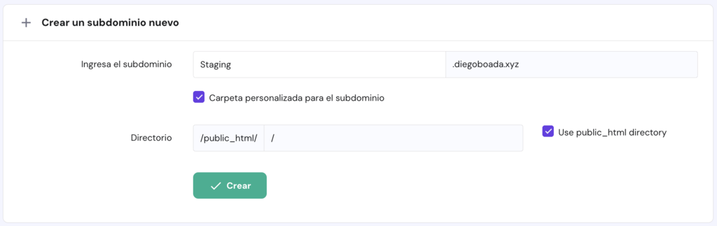 Menú de crear un subdominio nuevo en hPanel