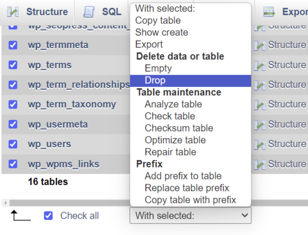 Interfaz de phpMyAdmin