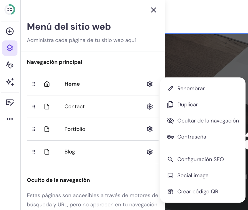 Menú del sitio web del Creador de Hostinger