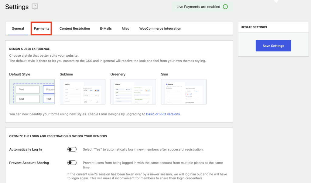Sección de pagos de Paid Member Subscriptions