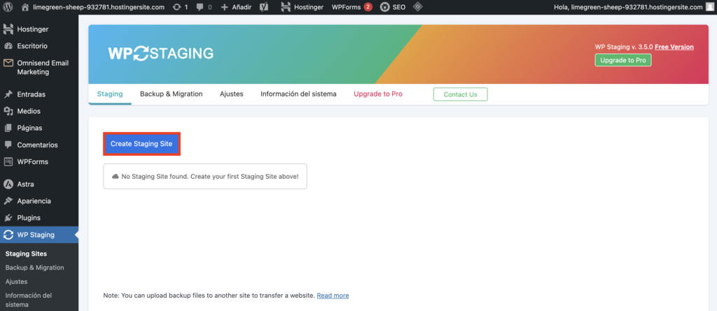 Panel de control de WP Staging