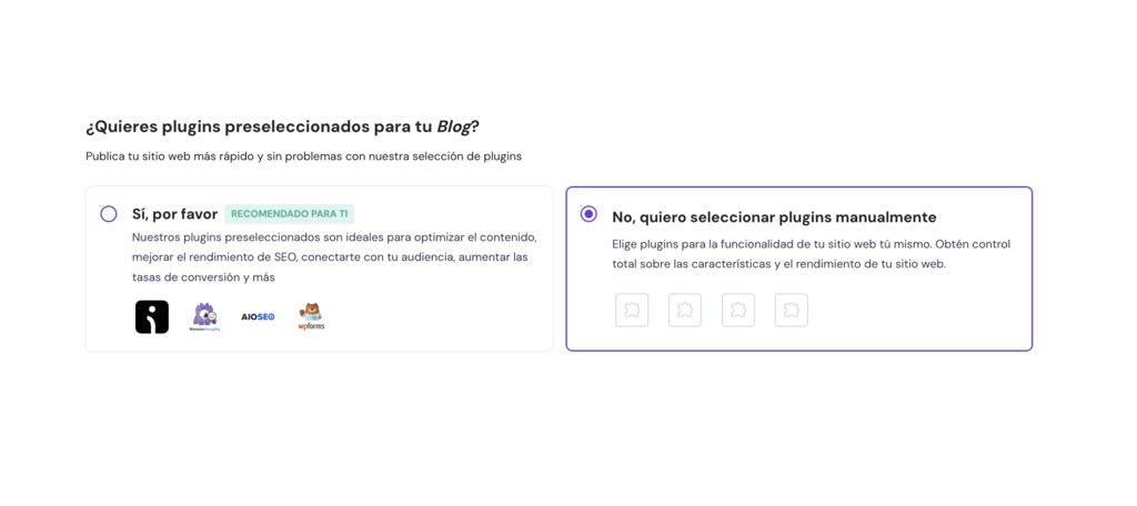 Sección para añadir plugins de WP en el Creador de Hostinger