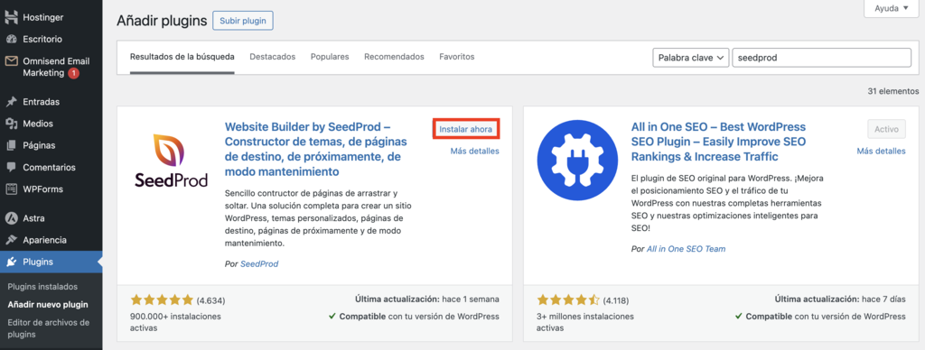Sección de Plugins de WordPress