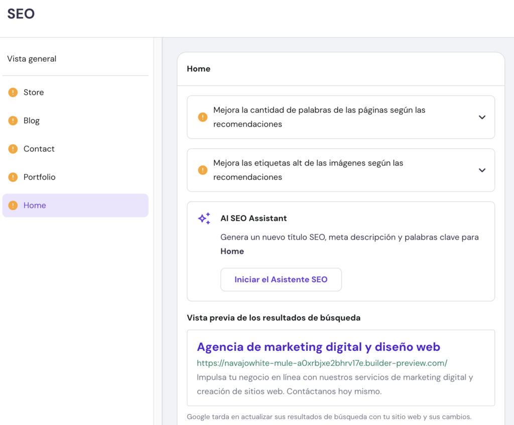 Sección SEO del Creador web de Hostinger