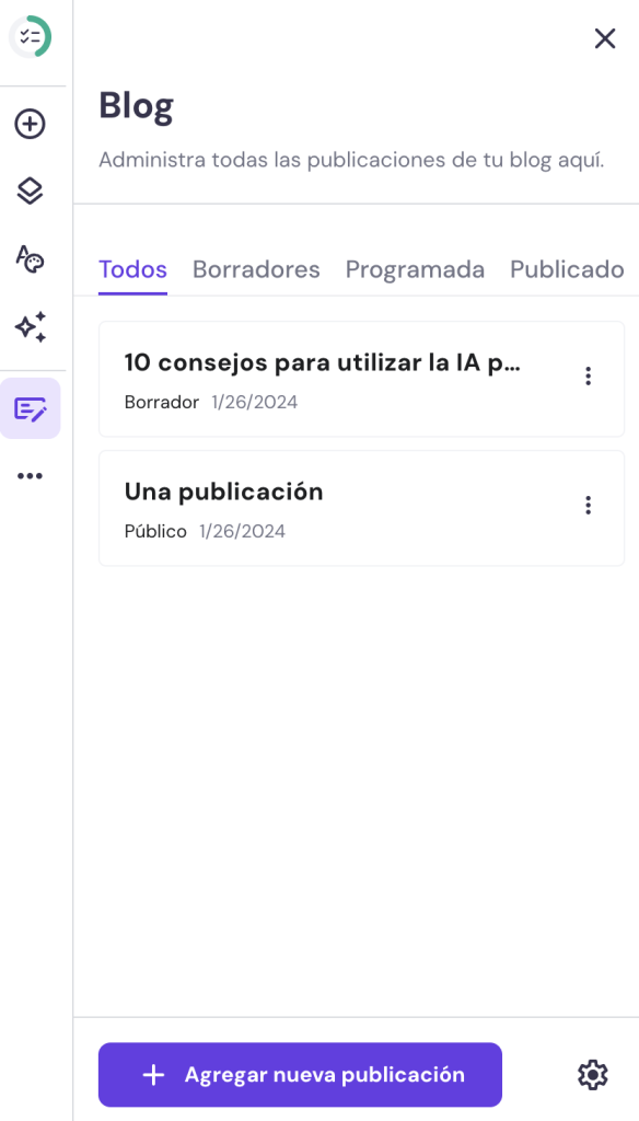 Secciones del blog del Creador de Hostinger
