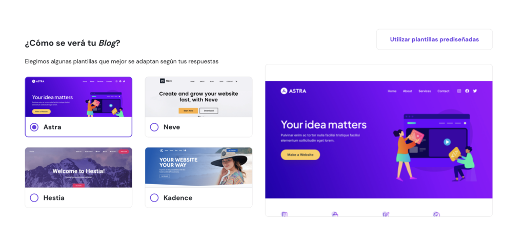 Temas de WP en el Creador de Hostinger