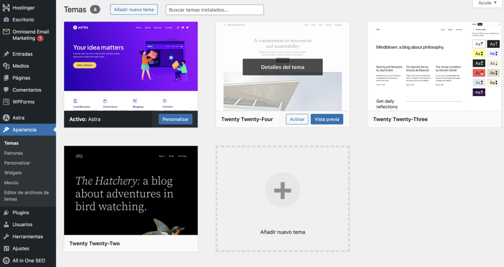 Sección de temas de WP