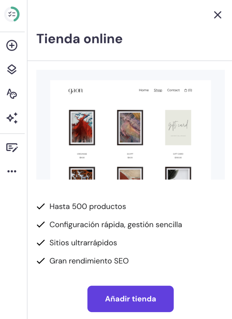 Sección de tienda online del Creador de Hostinger