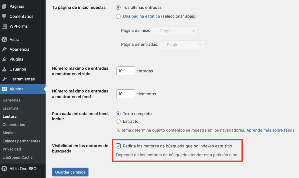 Sección de ajustes de WP