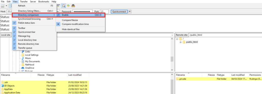 Función comparación de directorios de FileZilla