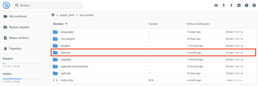 Carpeta de temas en el Gestor de archivos de Hostinger