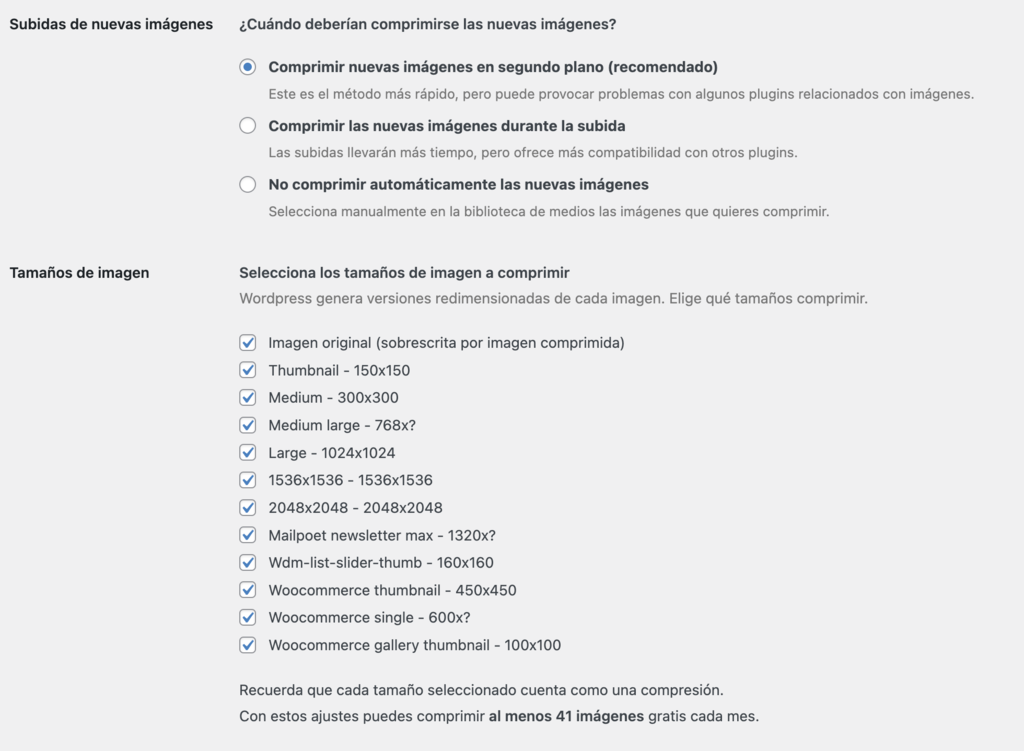 Ajustes de TinyPNG en WordPress