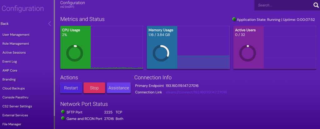 Menú de configuración de instancias del Panel de Juego de Hostinger