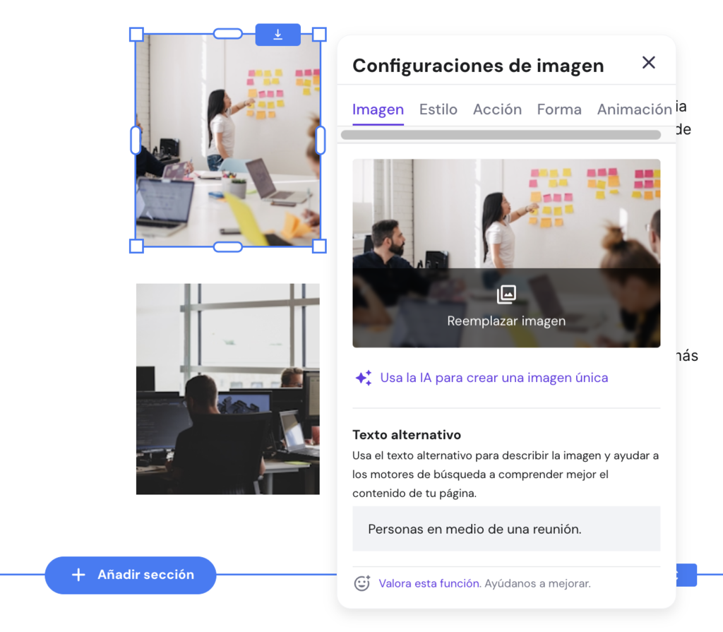 Configuraciones de imagen del Creador de Hostinger