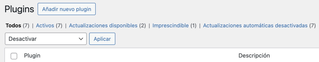 Sección de plugins de WP