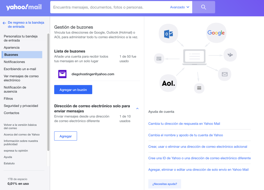 Sección de Buzones de Yahoo