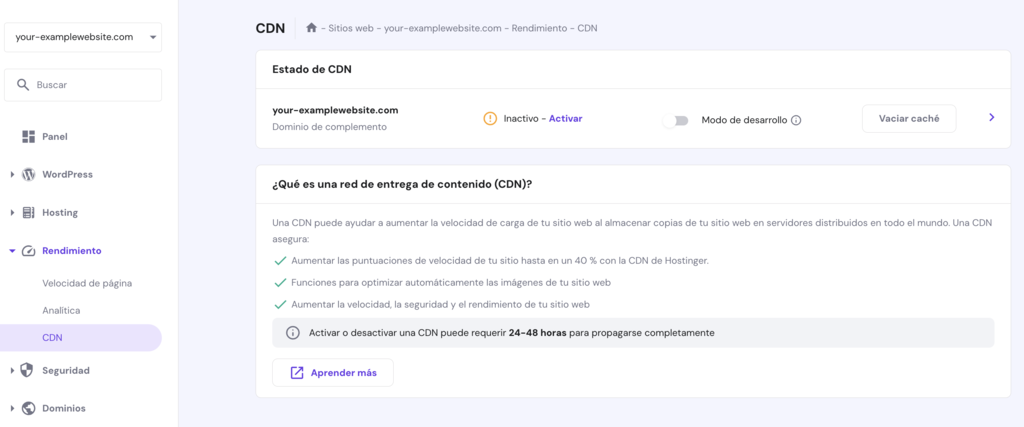Sección de la CDN en hPanel