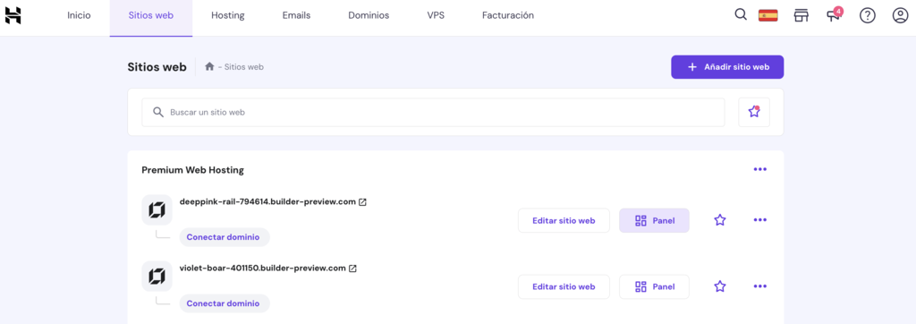 Sección de Sitios web del hPanel