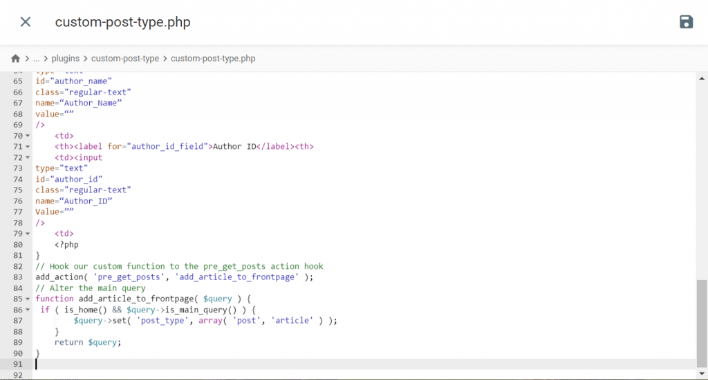 Archivo custom-post-type.php en el Administrador de archivos de Hostinger