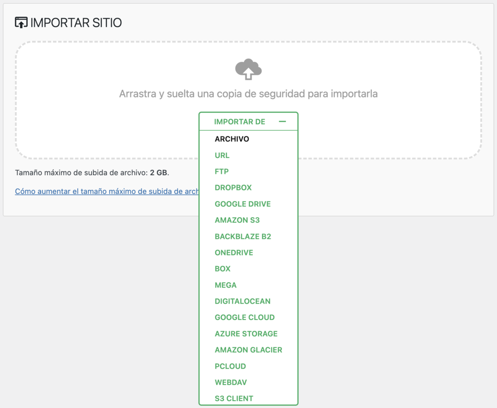 Importar sitio web desde All-in-One WP Migration