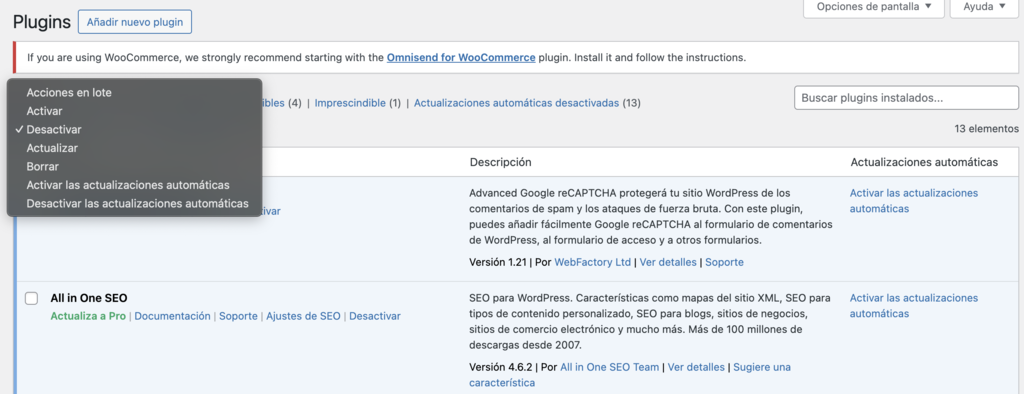 Sección de plugins de WordPress