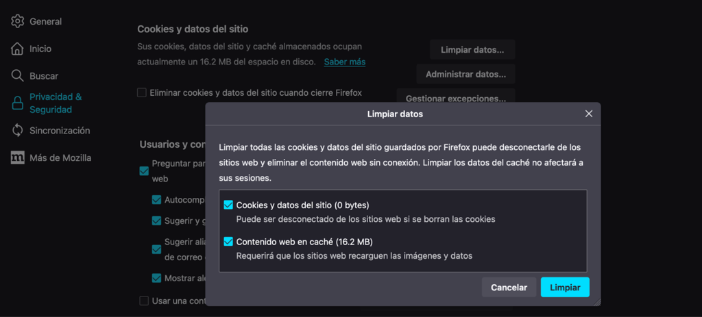 Sección Limpiar datos de Firefox