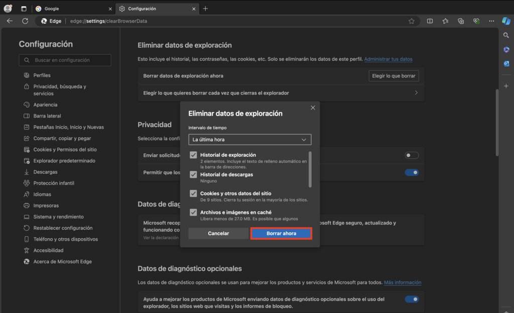 Eliminar datos de exploración de Microsoft Edge