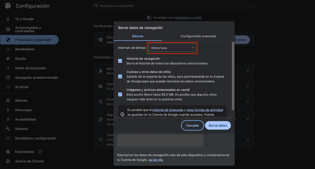 Opción Intervalo de tiempo de Google Chrome