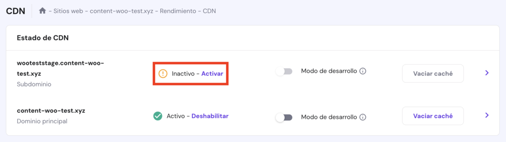 Sección de CDN en hPanel