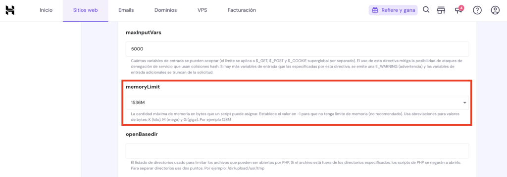 Limite de memoria php en hPanel