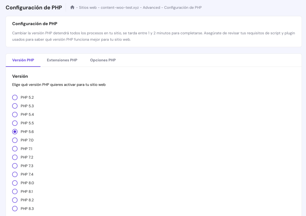 Configuración de PHP en hPanel