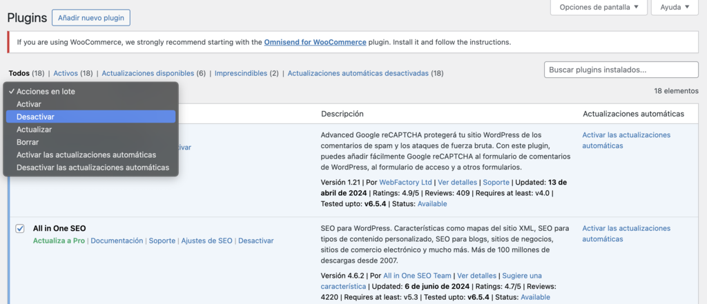 Desactivar plugins en WordPress