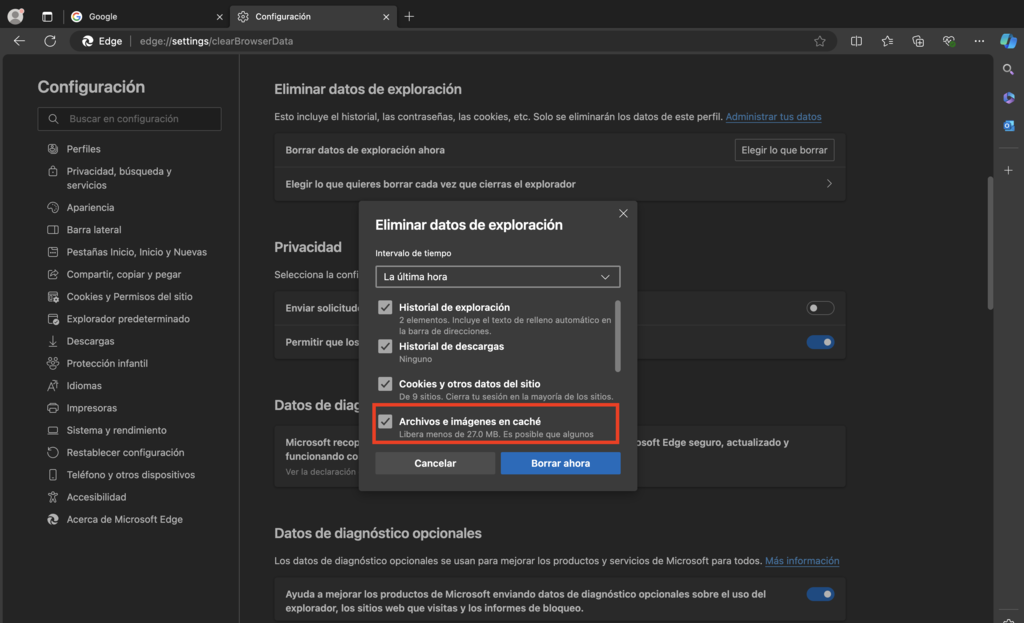 Borrar datos de exploración de Edge