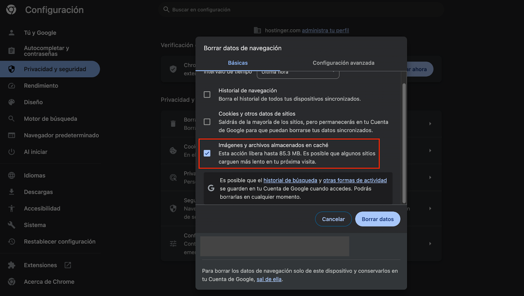 Opción imágenes y archivos almacenados en caché de Google Chrome