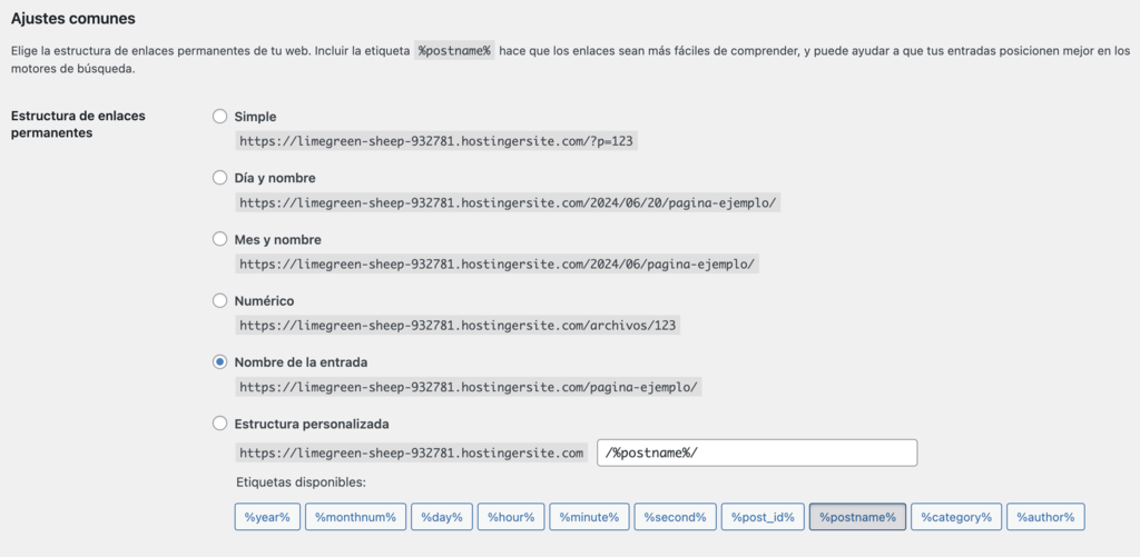 Sección de Enlaces permanentes de WordPress