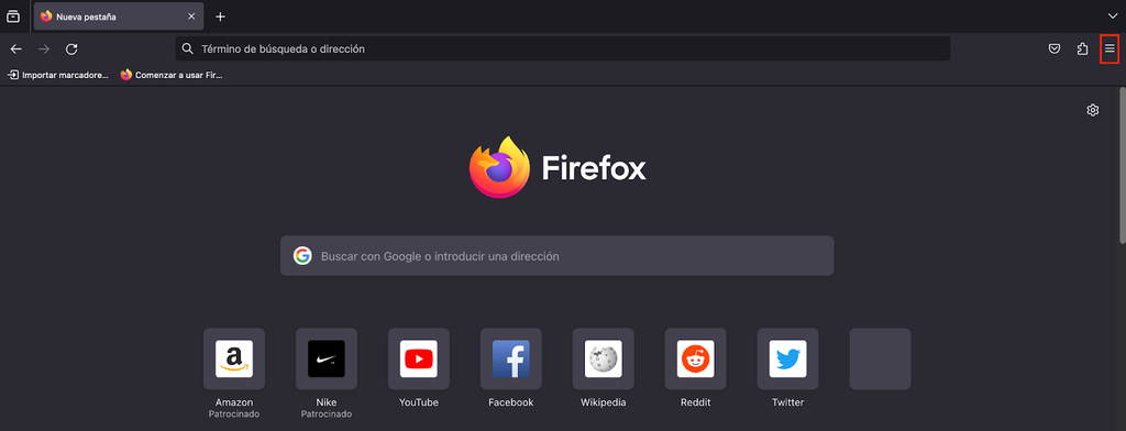 Opción de tres líneas de Mozilla