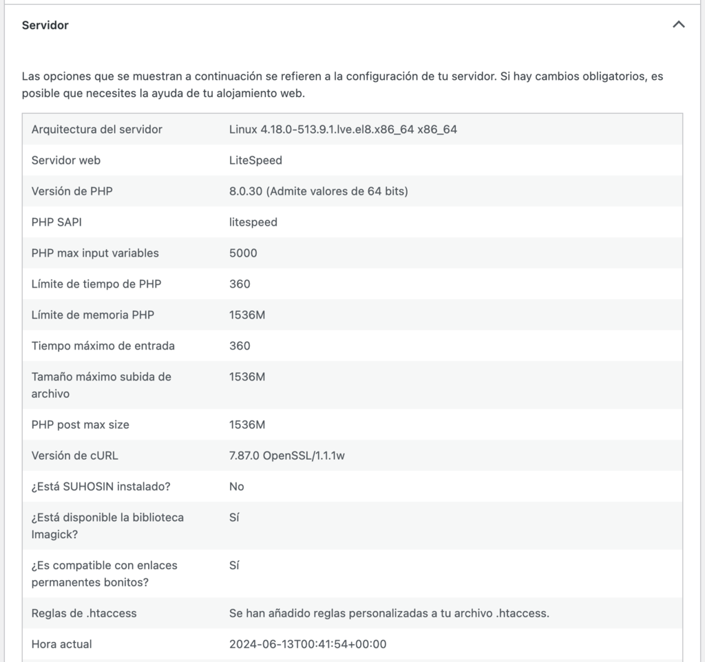 Información del servidor en WordPress