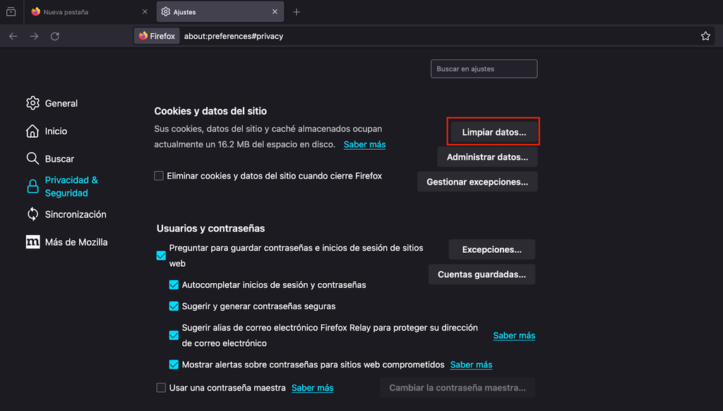 Opción Limpiar datos de Firefox