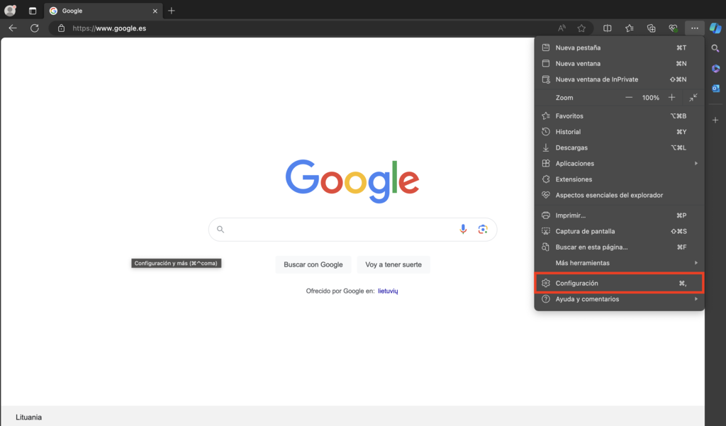 Botón de configuración de Microsoft Edge