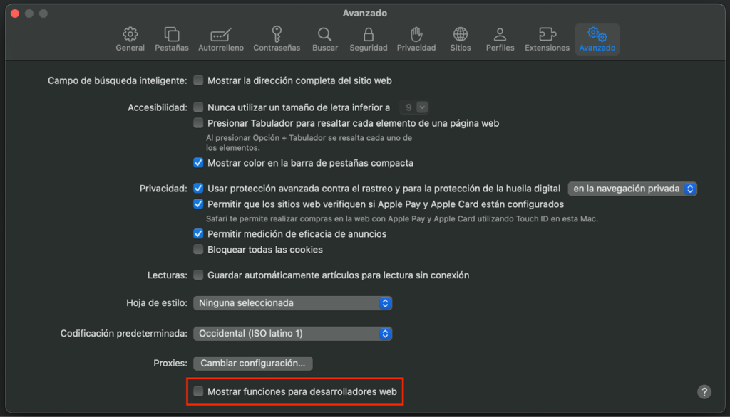 Opción Mostrar funciones para desarrolladores web de Safari