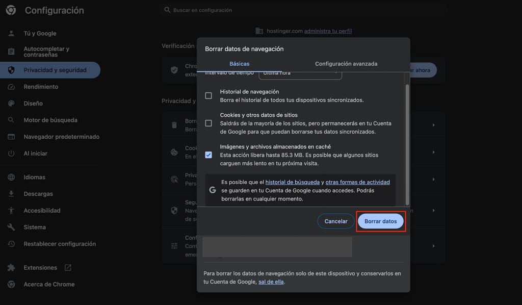 Botón para borrar datos de las imágenes y archivos almacenados en caché de Google Chrome