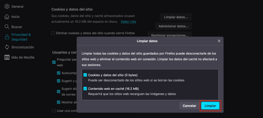 Botón Limpiar datos de Firefox