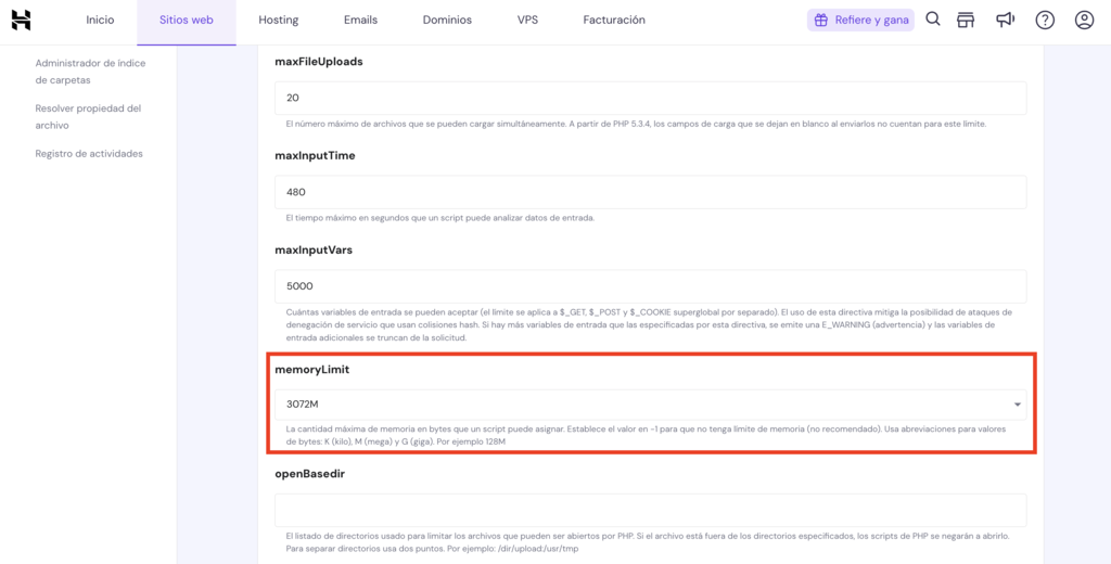 Opciones PHP de hPanel