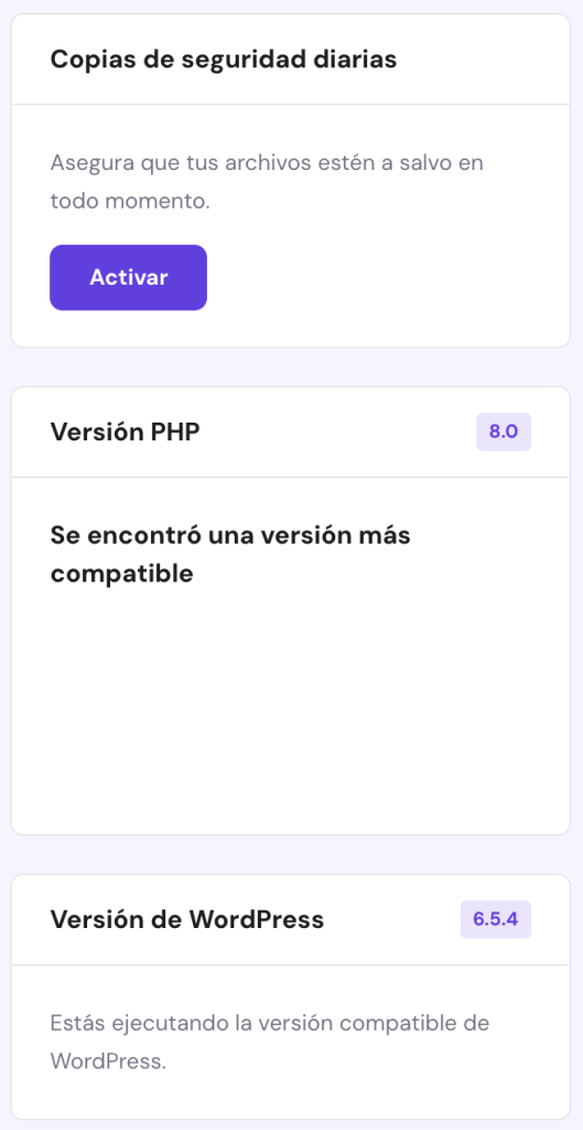 Sección de versión PHP de hPanel