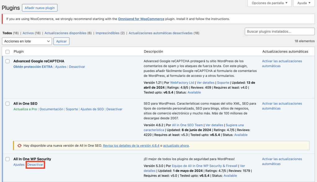 Sección de plugins de WordPress