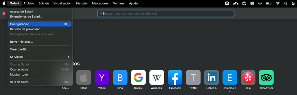 Sección de Configuración de Safari