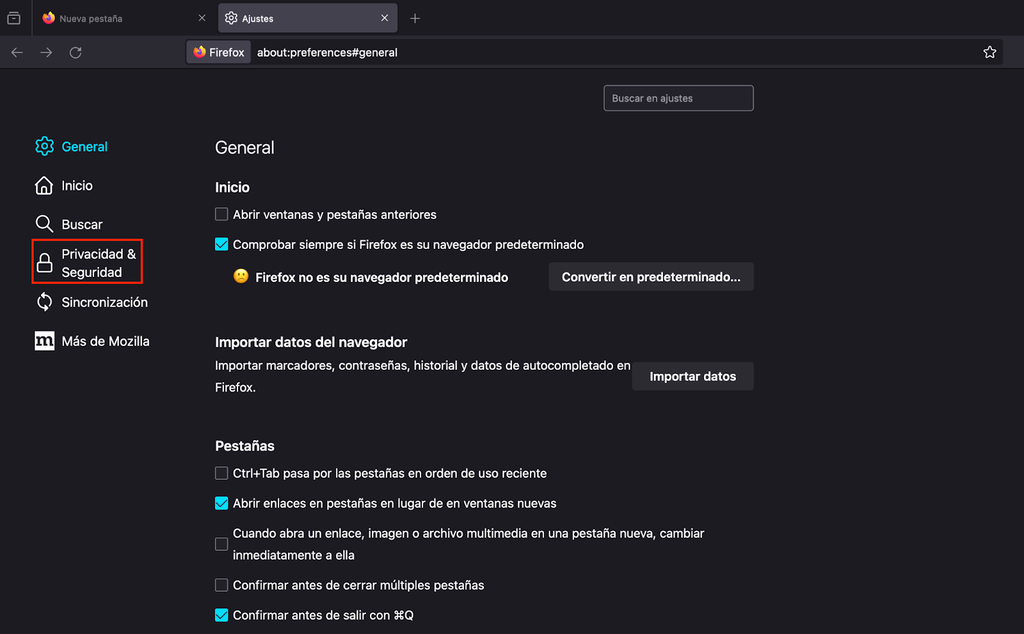 Opción de Privacidad y Seguridad de Firefox