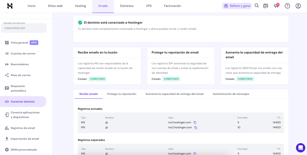 Conexión del dominio al correo de Hostinger