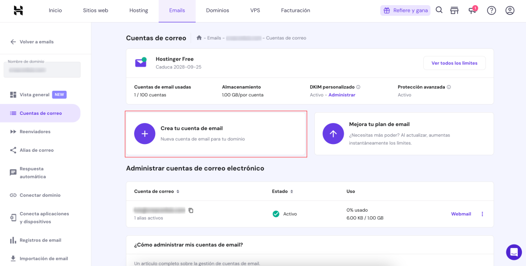 Crear cuenta de correo en Hostinger